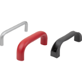 Stirrup-shaped handles, machine handles, apparatus handles